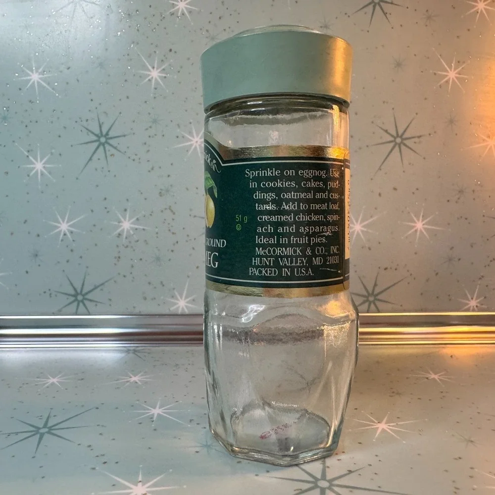 Vintage McCormick Nutmeg Jar Green Label & Lid Glass Spice Bottle Retro Kitchen